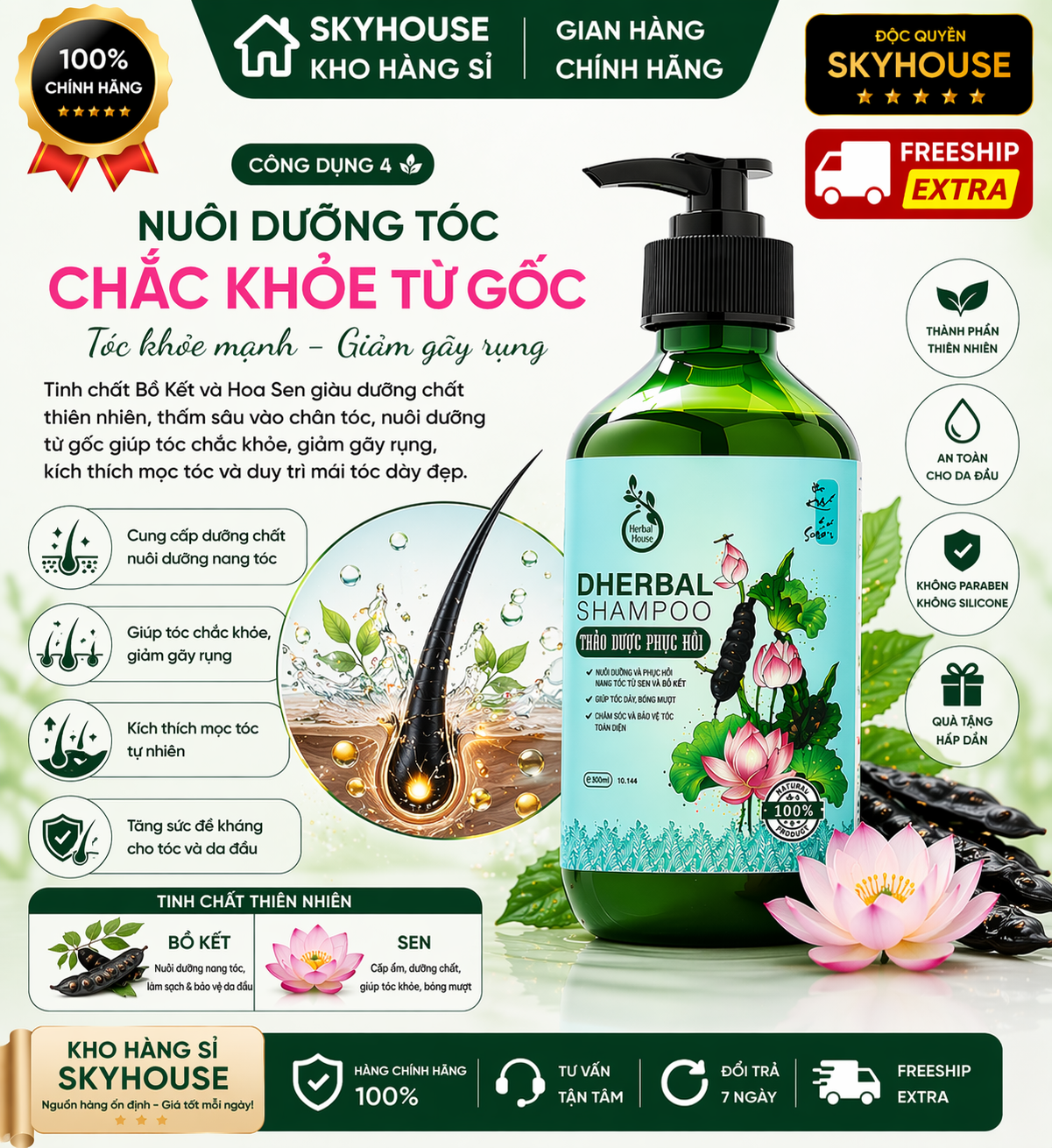 Dầu gội thảo dược thiên nhiên tinh chất sen bồ kết độc quyền DHERBAL chai 300ml dầu gội phục hồi tóc hư tổn chính hãng