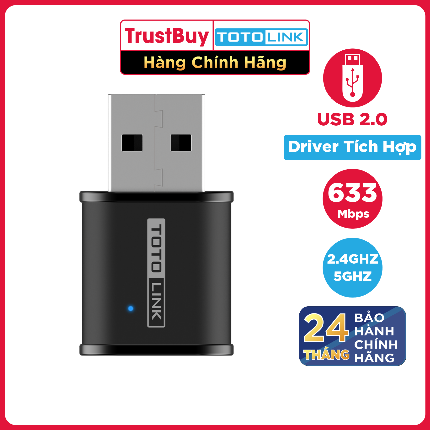 USB Phát WiFi Băng Tần Kép Chuẩn IEEE 802.11b/g/n Tốc Độ 2.4G Đến 200Mbps 5GHz Đến 633Mbps TOTOLINK A650USM - Hàng Chính Hãng