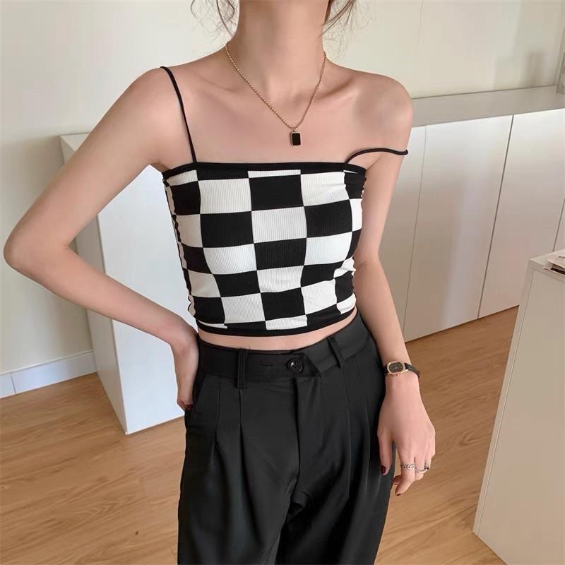 Áo hai dây bra caro croptop có đệm mút ngực hàng Quảng Châu đẹp