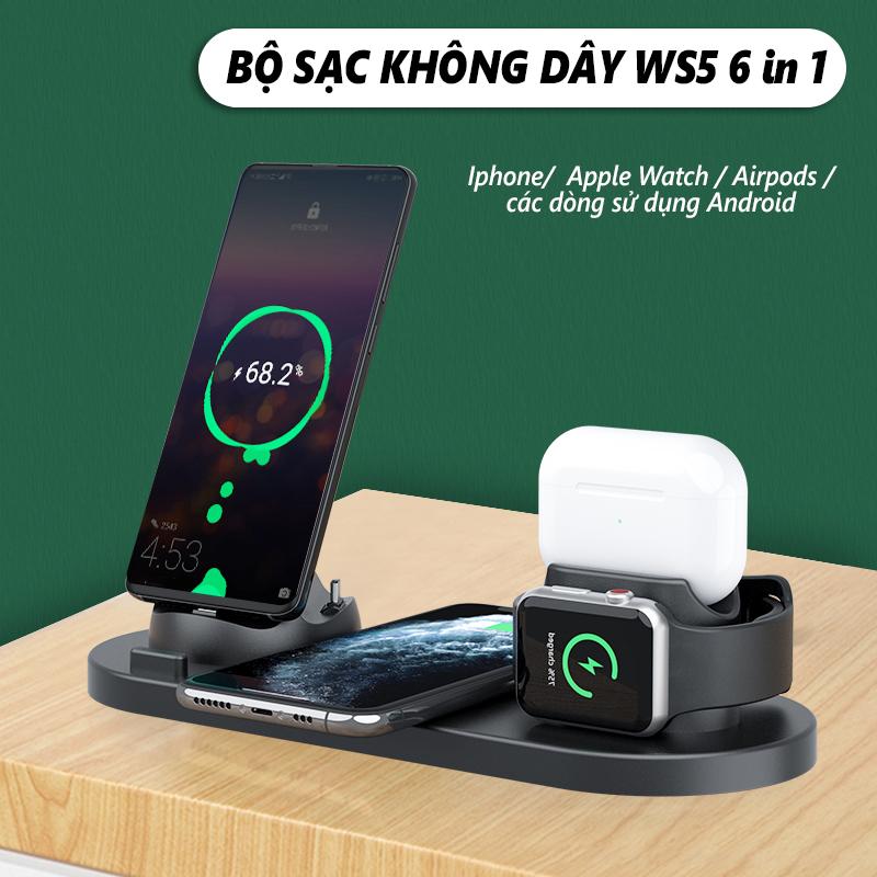 Bộ Sạc Không Dây Đa Chức Năng WS5 6 IN 1 - Sạc Nhanh, Đa Cổng, Tiện Lợi Khi Di Chuyển, An Toàn