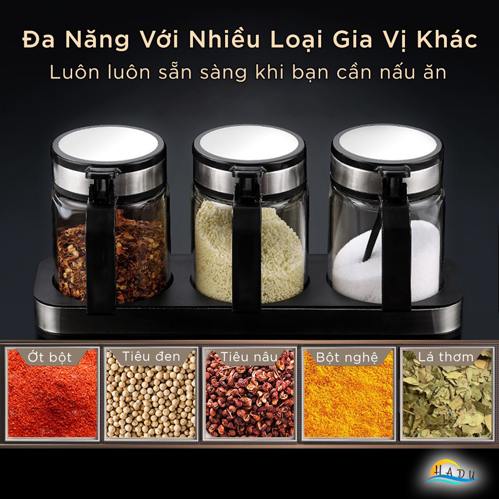 Bộ Hộp Hũ Đựng Gia Vị Thủy Tinh Nhà Bếp Thông Minh 3 Ngăn Cao Cấp Đạt Chất Lượng LFGB Đức SSGP