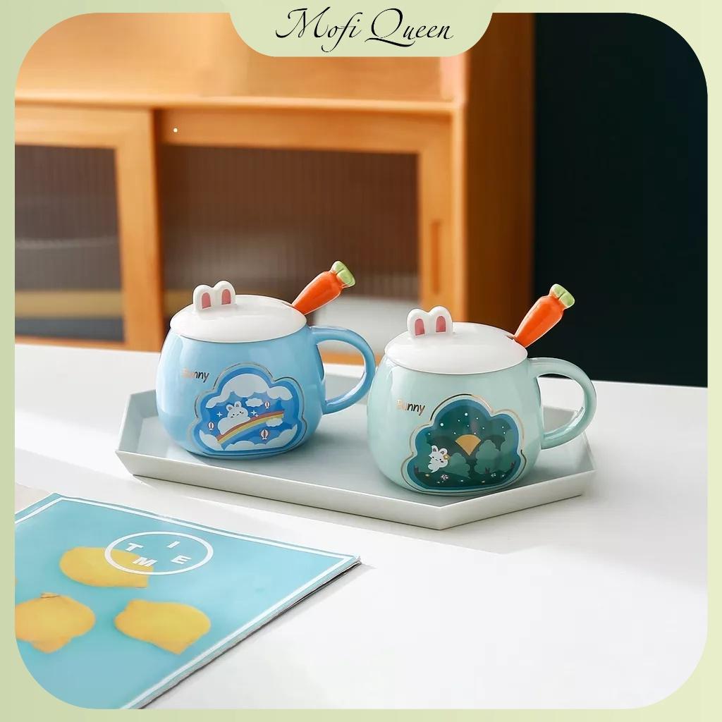 Cốc sứ có nắp, Sứ́, Quà lưu niệm, cute có nắp đậy, họa tiết bunny siêu đáng yêu 420ml