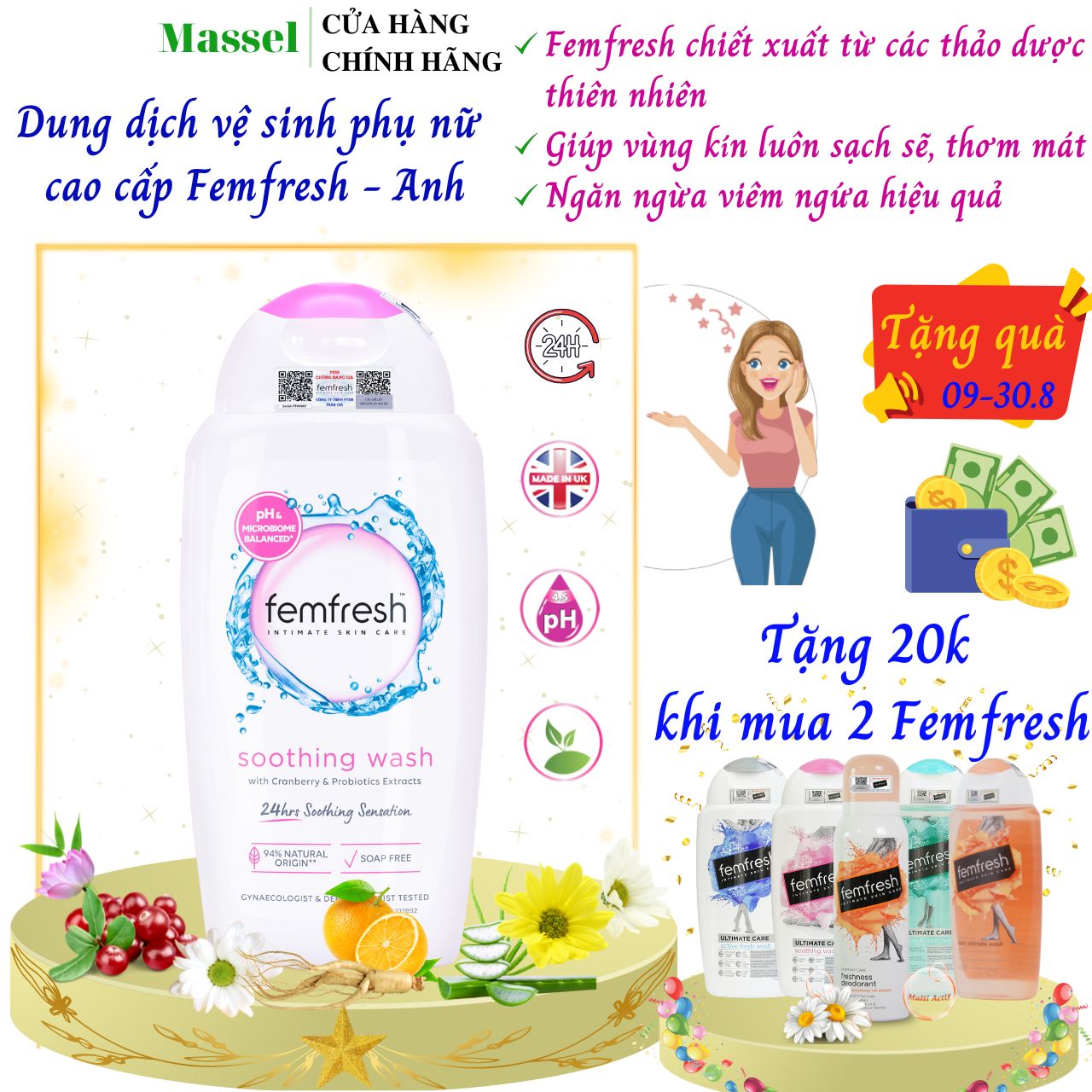 Dung dịch vệ sinh phụ nữ cao cấp Femfresh Soothing Wash 250ml, tăng cường cấp ẩm, sạch khuẩn và thơm mát