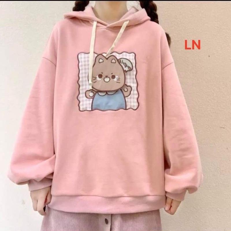 Áo hoodie mèo nâu ô vuông TH6