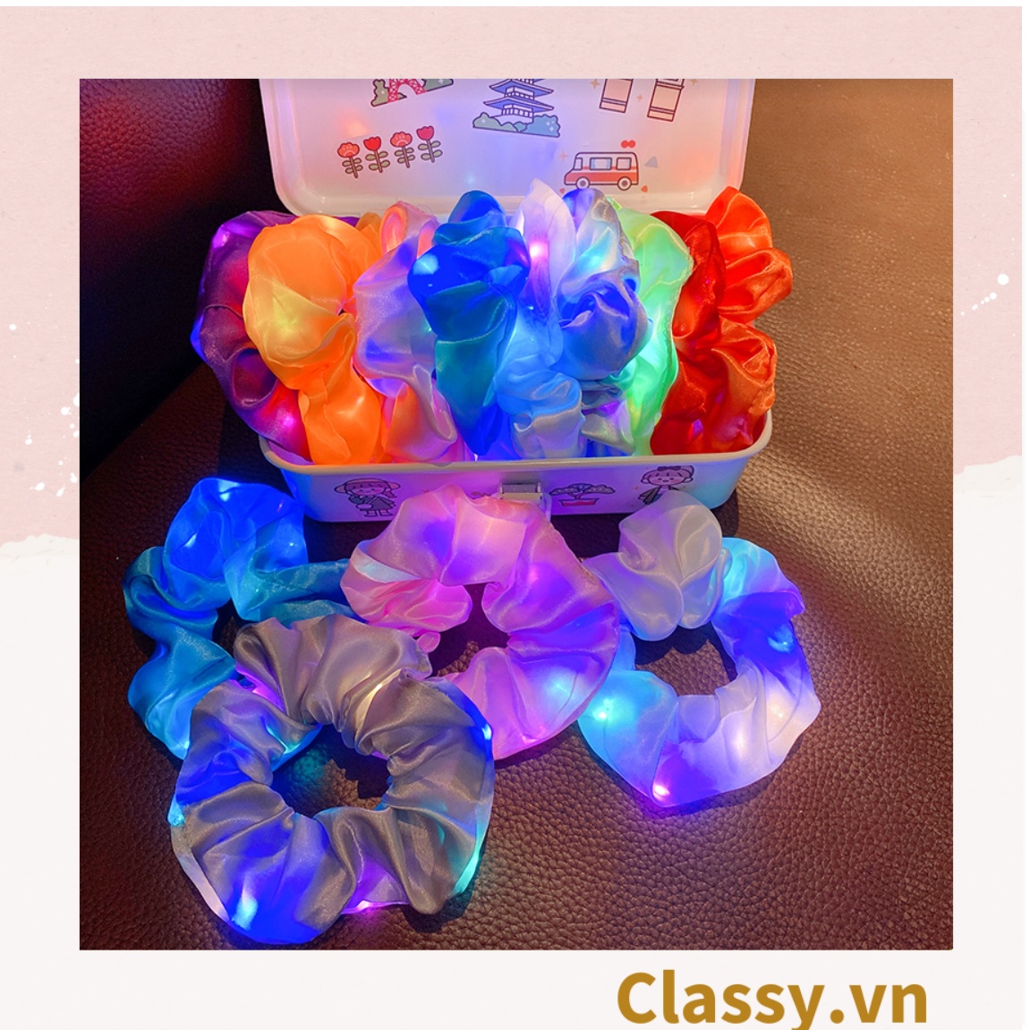 Phụ kiện tóc - Dây buộc tóc co giãn màu dạ quang dạng crunchies gắn đèn led cá tính khác biệt PK565