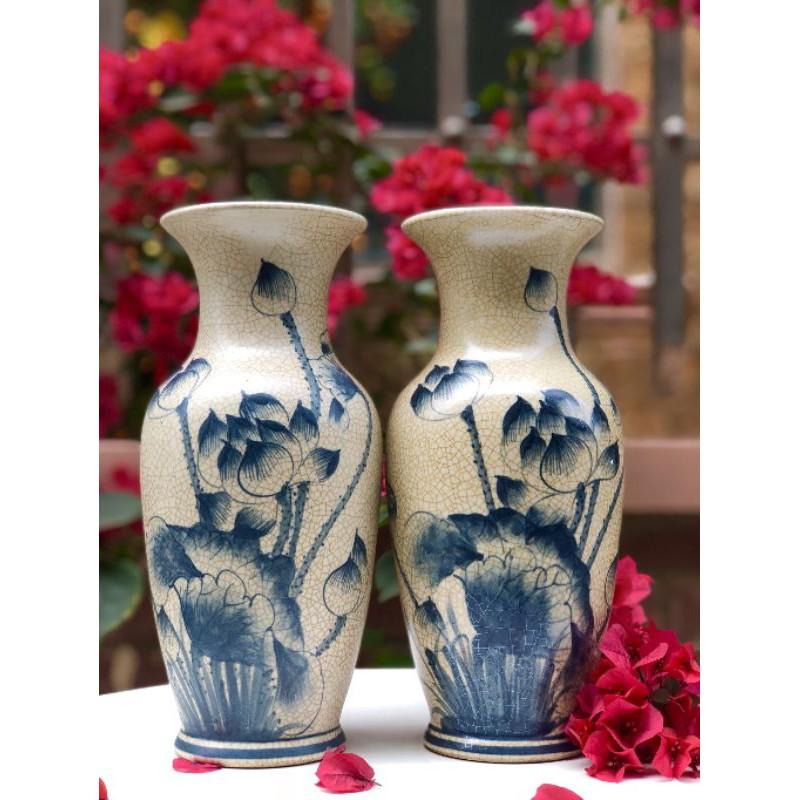 BÌNH HOA SEN VÀ RỒNG MEN RẠN GIẢ CỔGỐM BÁT TRÀNG- GIẢ CỔ
