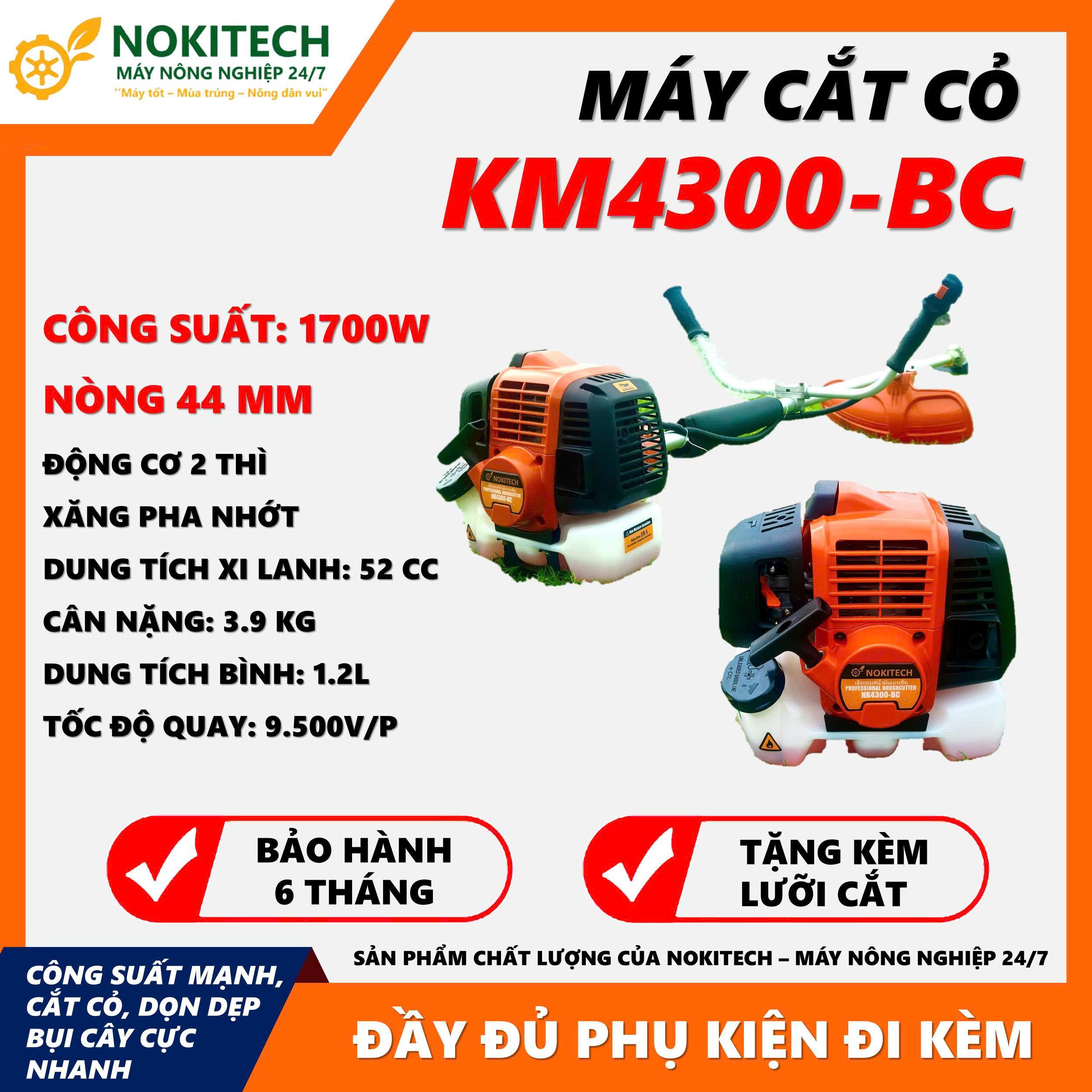 Máy cắt cỏ NOKITECH - NK4300 -BC chạy xăng - Máy phát cỏ động cơ 2 thì bảo hành 12 tháng