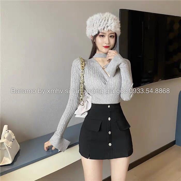 Quần váy cạp cao khuy dọc cá tính phong cách hàn quốc thời trang Banamo Fashion 6319