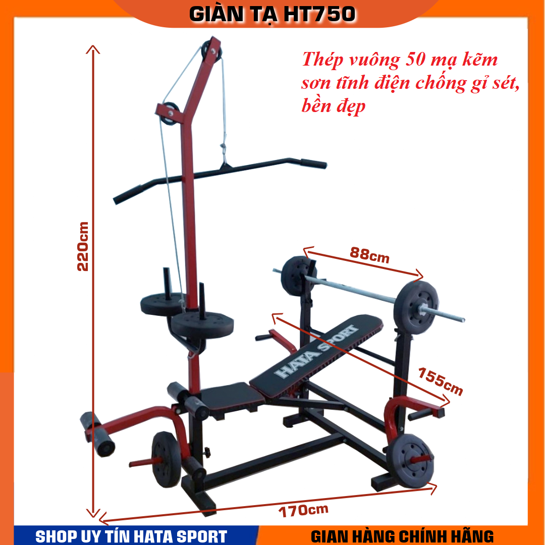 Giàn tập tạ đa năng HT750 loại lớn khung giá đỡ đòn tạ rộng 88cm, thép dày cứng cáp