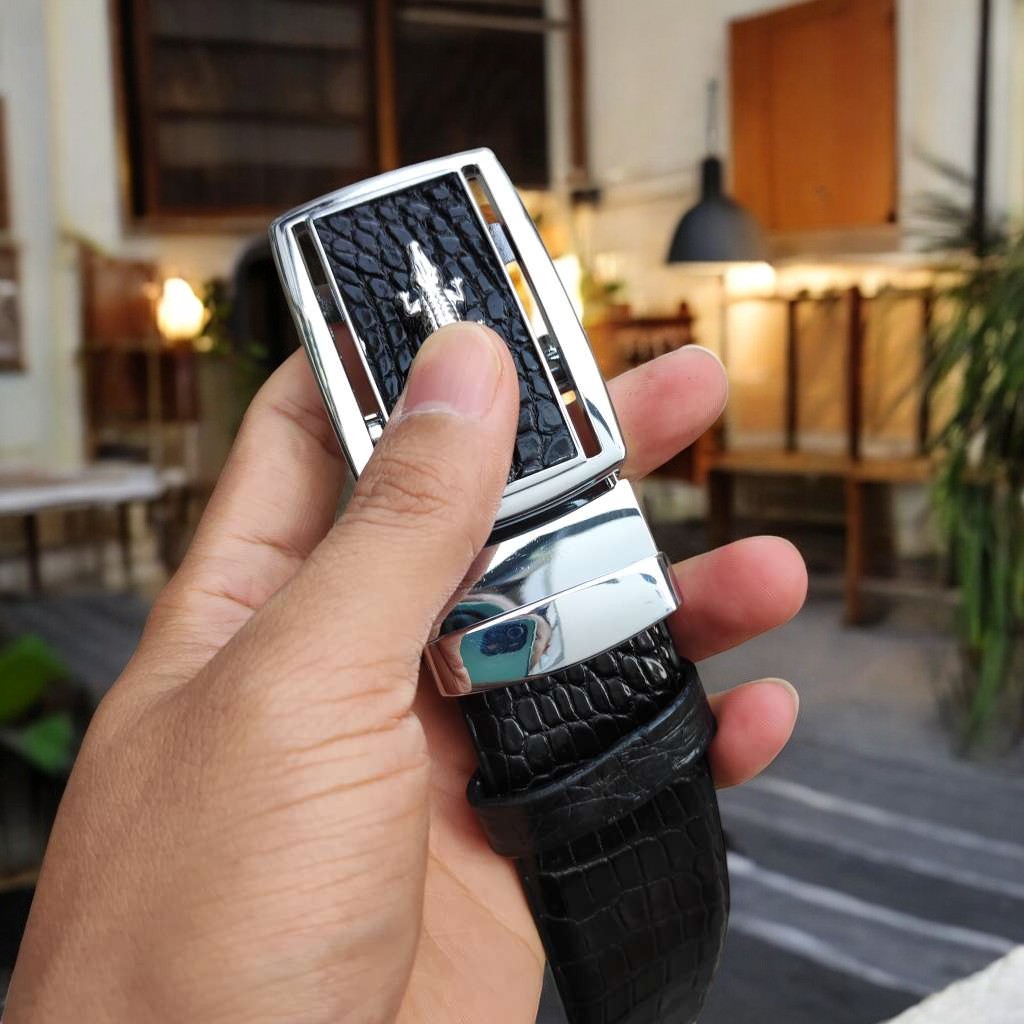 Dây lưng da cá sấu BẢN LỚN phù hợp bụng bia. Da bụng có vân đẹp linh hoạt! (mặt bạc)