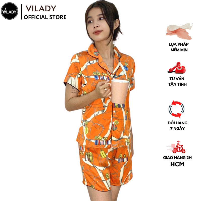 Đồ bộ Pyjama lụa, đồ mặc nhà nữ VILADY  - B134 kiểu quần đùi tay cộc, họa tiết siêu dễ thương, chất liệu lụa Pháp ( lụa latin) - Màu cam