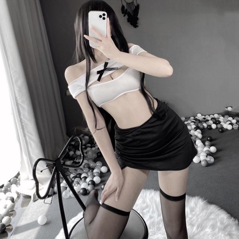 LL2470 Áo Trễ Ngang Vai + Váy Bo Nhún Vạt Cao Gợi Cảm - Hoá Thân Thành Nàng Thư Kí Quyến Rũ - Cosplay Sexy