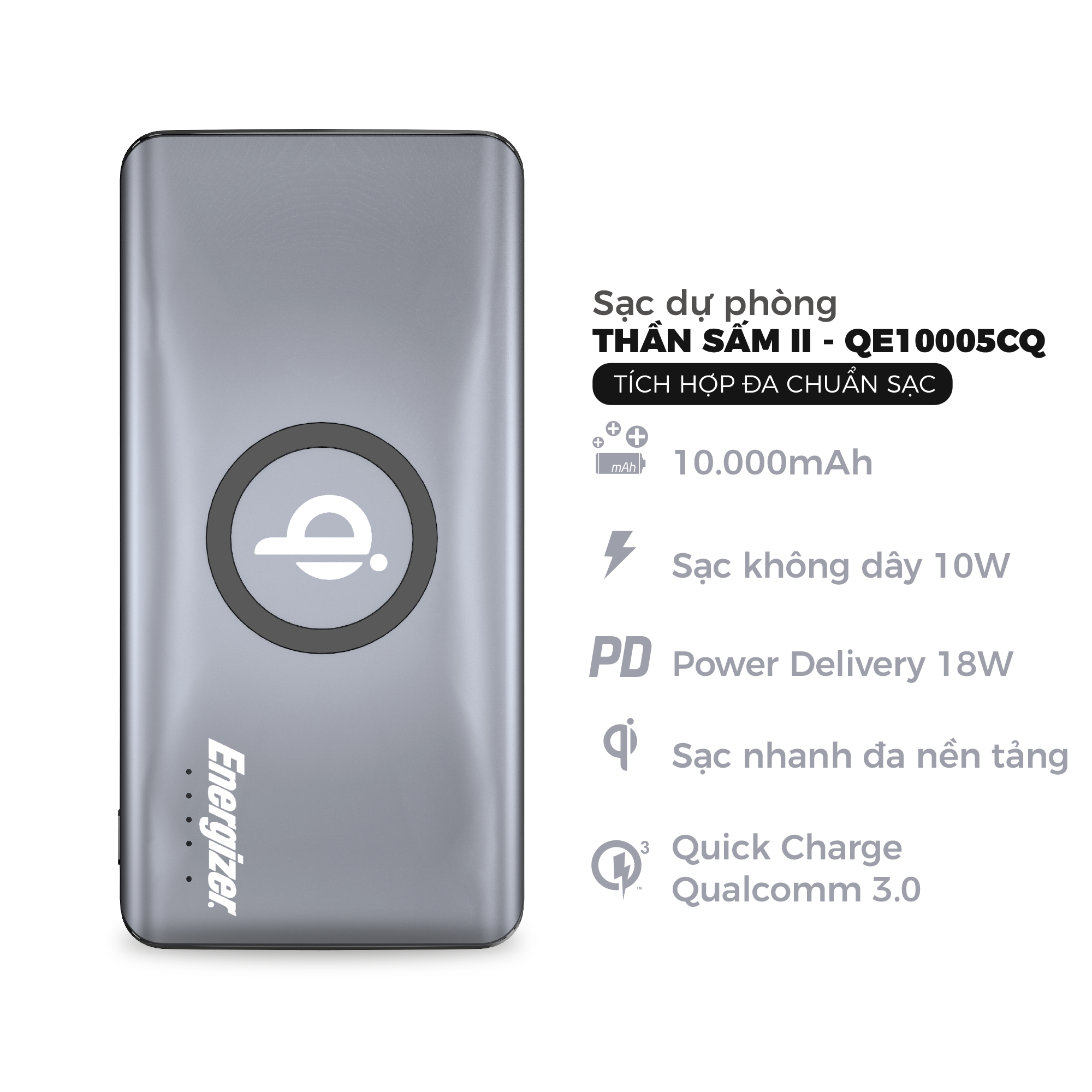 Sạc dự phòng Energizer 10,000mAh /3.7V Li-Polymer - QE10005CQGY - Hàng chính hãng