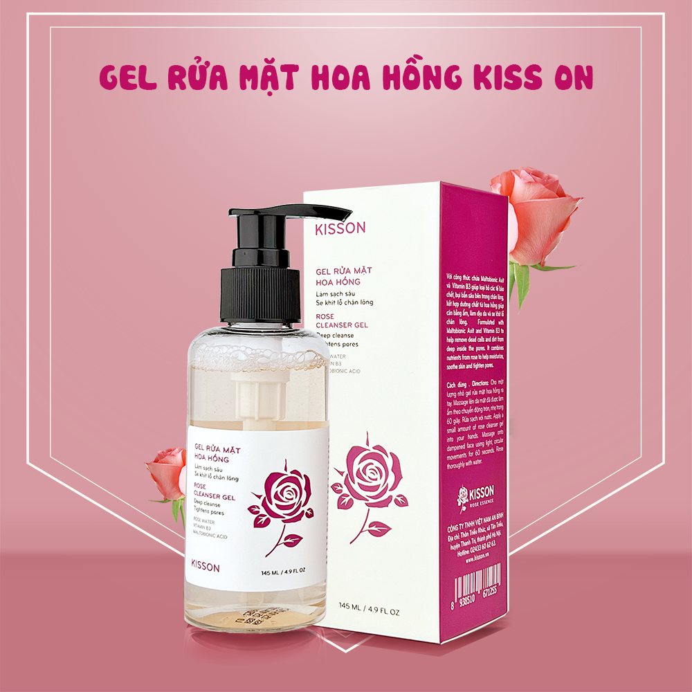 Gel rửa mặt hoa hồng KISS ON sạch sâu, cấp ẩm, thu nhỏ lỗ chân lông, nuôi dưỡng làn da mịn màng, sáng khỏe 145ml JN-KI-GEL01