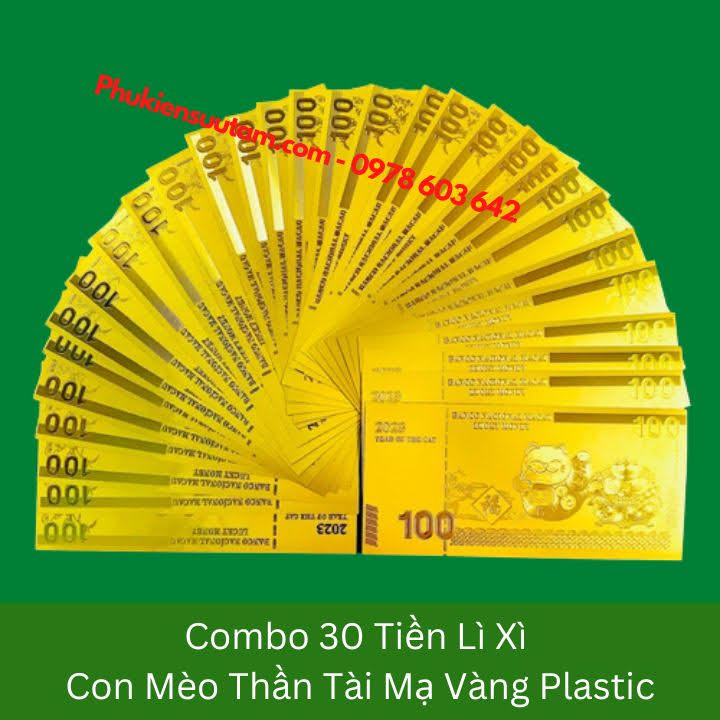 Combo 30 Tờ Lì Xì Con Mèo Thần Tài Mạ Vàng Plastic, kích thước: 15.5cmx7.5cm, màu vàng - SP005907