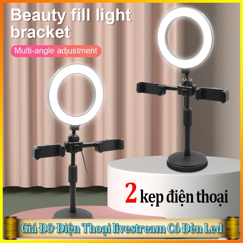 Giá Đỡ Điện Thoại livestream Có Đèn Led, Đèn Livestream để bàn, Tích Hợp Giá Đỡ 2 Điện Thoại Có 3 Chế Độ Sáng