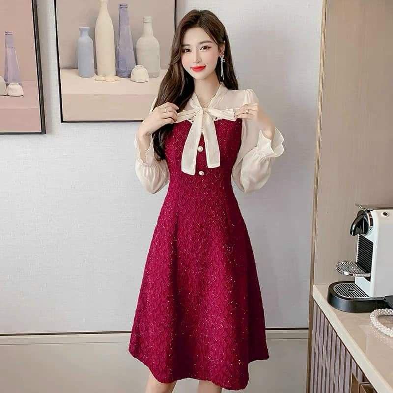 HÀNG NHẬP - ĐẦM THUN KIM TUYẾN PHỐI TAY VOAN