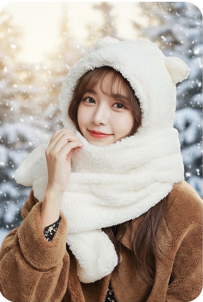 Mũ khăn quàng cổ mũ lông gấu có găng tay thời trang siêu dễ thương giữ ấm dành cho nữ