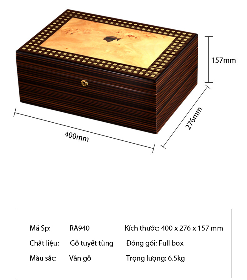 Hộp Đựng Tủ Giữ Ẩm Xì Gà RA928 Bảo Quản 80 Điếu Chất Liệu Gỗ Tuyết Tùng Cao Cấp