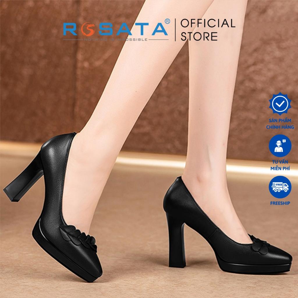 Giày cao gót đế vuông 8 phân mũi nhọn công sở nữ phối họa tiết ROSATA RO441 ( Bảo Hành 12 Tháng ) - ĐEN