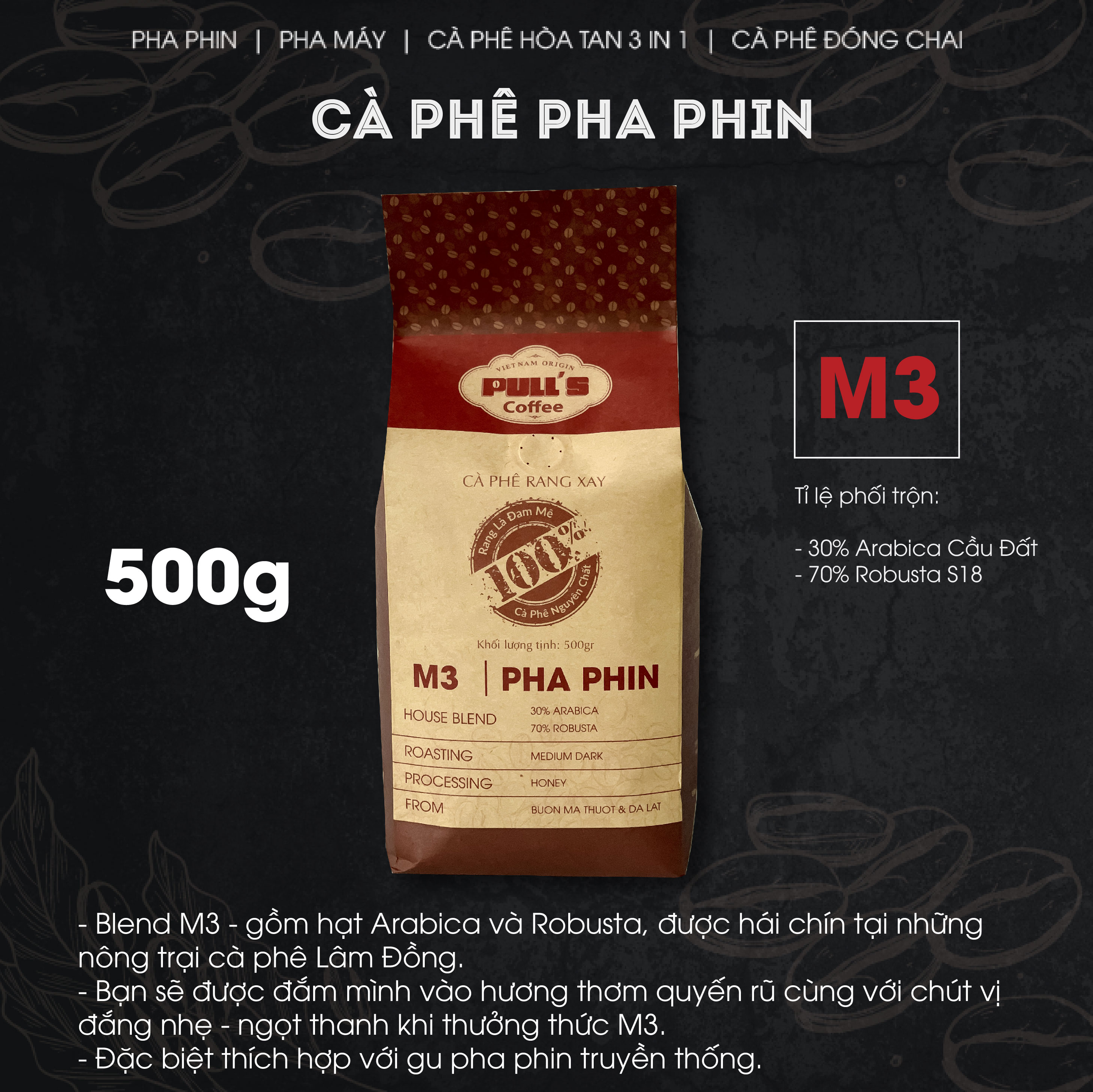 Cà phê nguyên chất Blend E1 Robusta - Arabica rang mộc, cafe hạt pha máy, cafe bột pha phin ngon chuẩn từ Pulls Coffee