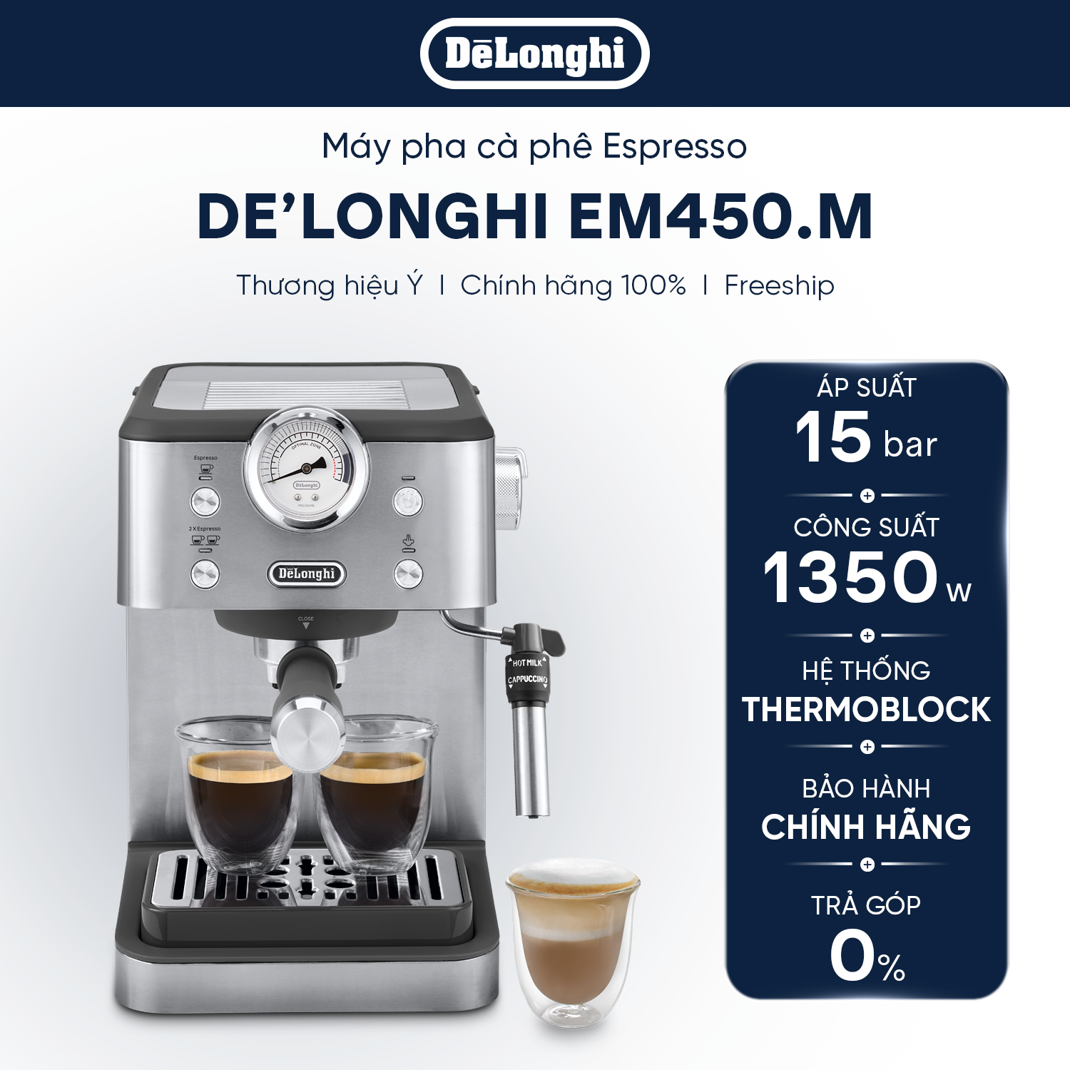 Máy pha cà phê espresso DeLonghi Classic EM450.M - Hàng chính hãng