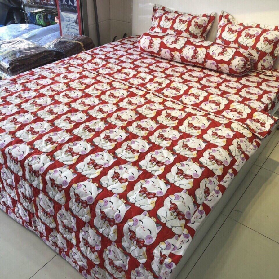 Set 5 món chăn hè ga chun Cotton Poly - Mèo Đỏ - Tặng kèm 1 móc khóa Houston