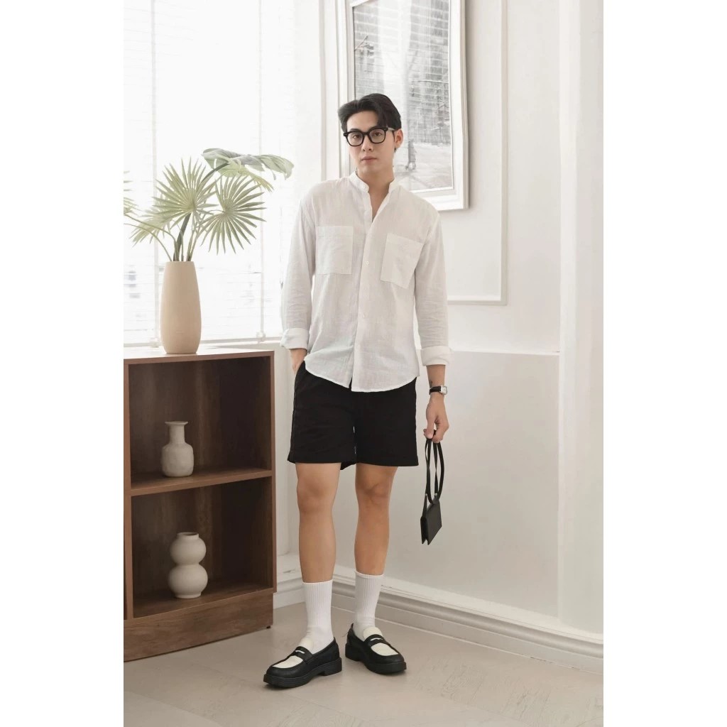 Áo sơ mi nam dài tay thiết kế cổ trụ 2 túi ngực kiểu dáng Hàn Quốc thanh lịch vải Linen thoáng mát MS06