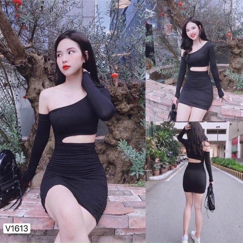 Đầm body tay dài cut eo lệch vai chất borip siêu sexy -c5n