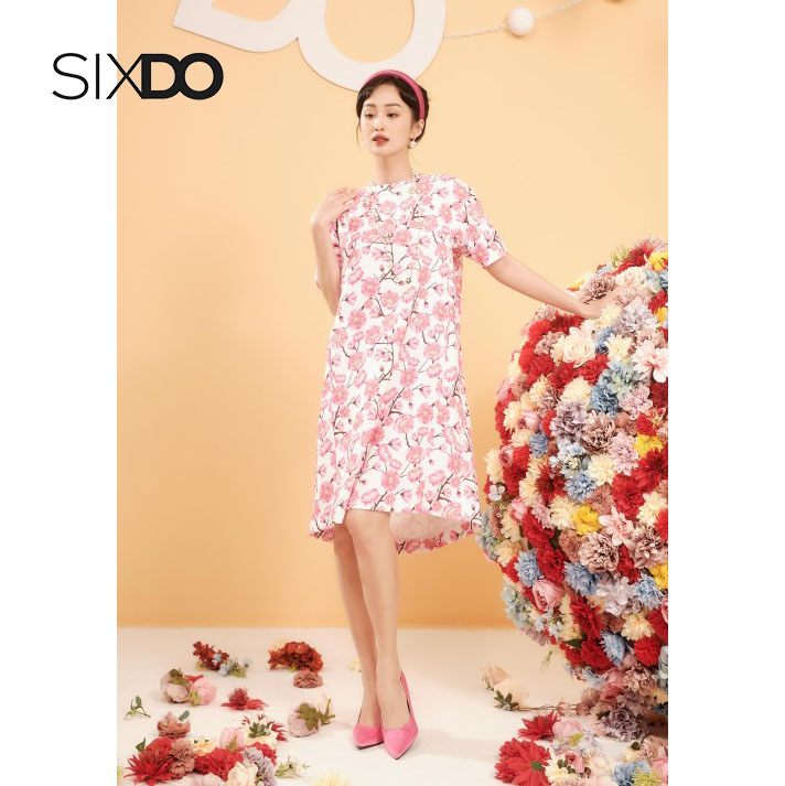 Đầm suông midi hoa đào thời trang SIXDP