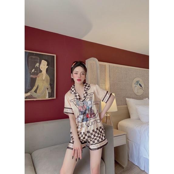 Bộ đồ ngủ Pijama, đồ bộ lụa quần đùi cộc tay hoạ tiết satin siêu hùi