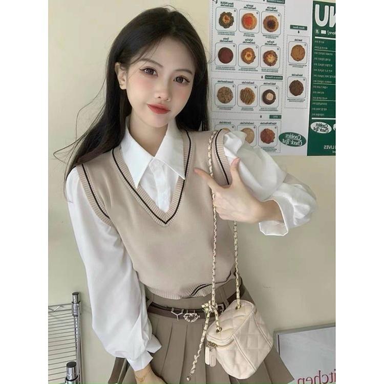 Áo len nữ Montoghi Quảng Châu GILE kiểu 2 lớp TAY DÀI phối cổ sơ mi xinh xắn