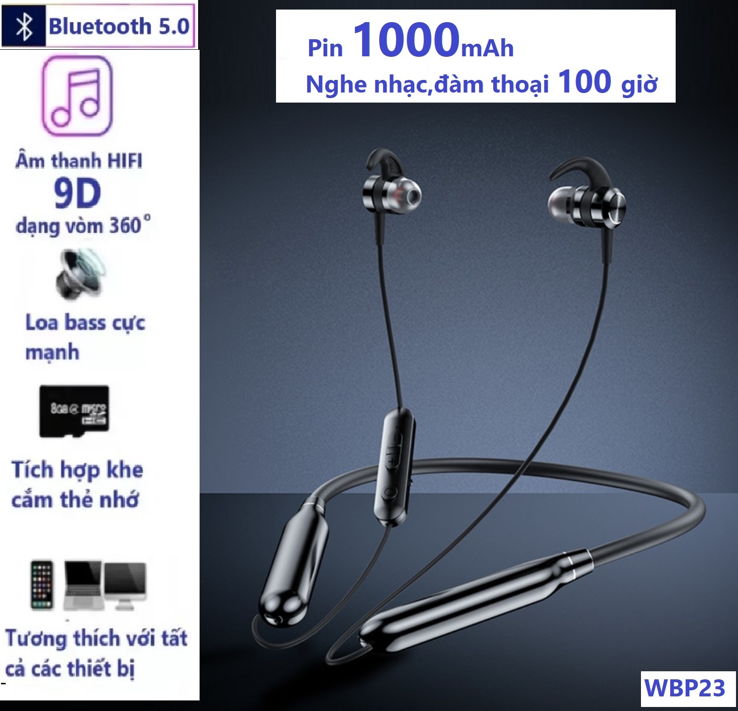 Tai Nghe Bluetooth 5.0 WBP23 Pin 1000mAh, Âm Thanh Hifi - Stereo , Nghe Nhạc Và Đàm Thoại Liên Tục Từ 80 Giờ Đến 100 Giờ Tùy Theo Mức ÂM Lượng, Hỗ Trợ Khe Lắp Thẻ Nhớ ,Chức Năn Siri
