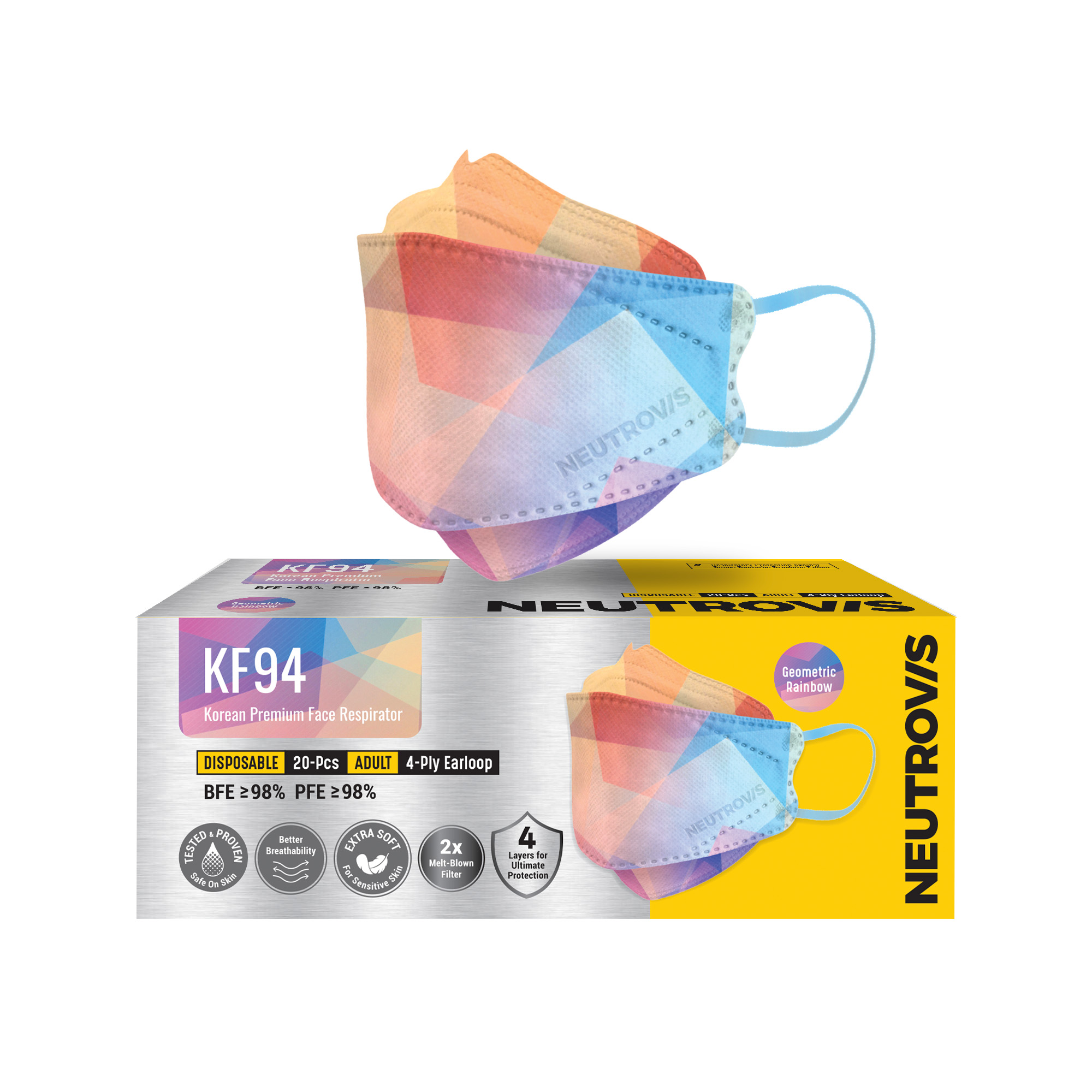 Khẩu Trang Cao Cấp Kháng Khuẩn 4 Lớp KF94 Neutrovis - Cầu Vồng