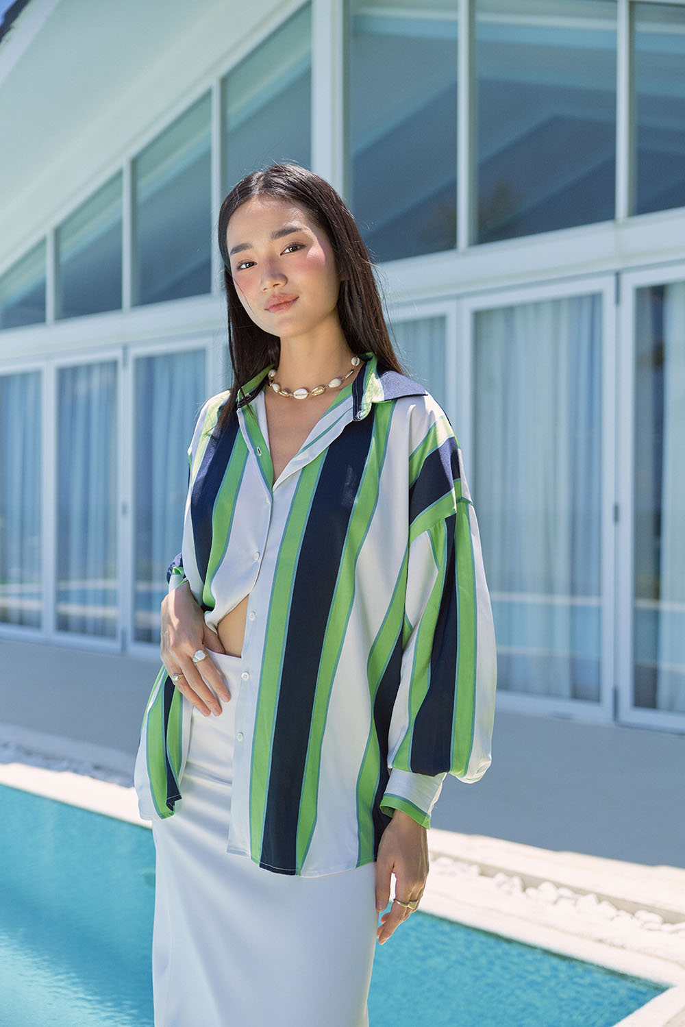 DOTTIE - Áo sơmi satin kẻ sọc - Xanh lá - T0716