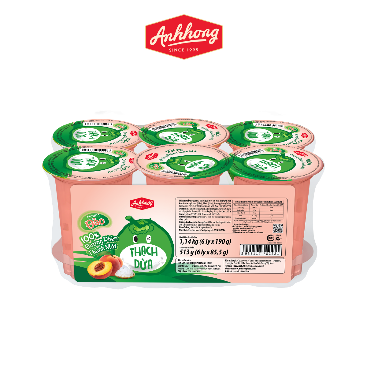 [MỚI] Thạch dừa Ánh Hồng Hương Dưa Lưới &amp; Đào - Thạch dừa đường phèn thanh mát tự nhiên - Lốc 190g x 6