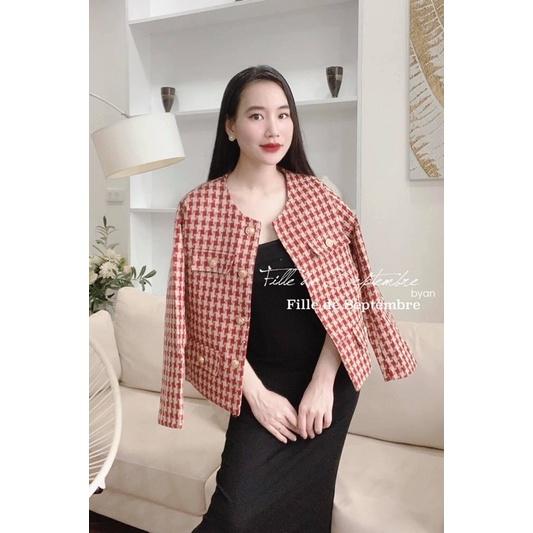Áo khoác dạ tweed đỏ khuy vàng hàng QC