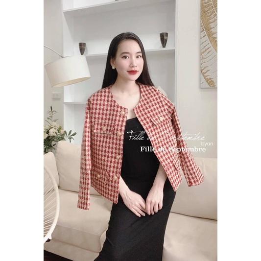 Áo khoác dạ tweed đỏ khuy vàng hàng QC (ảnh thật)