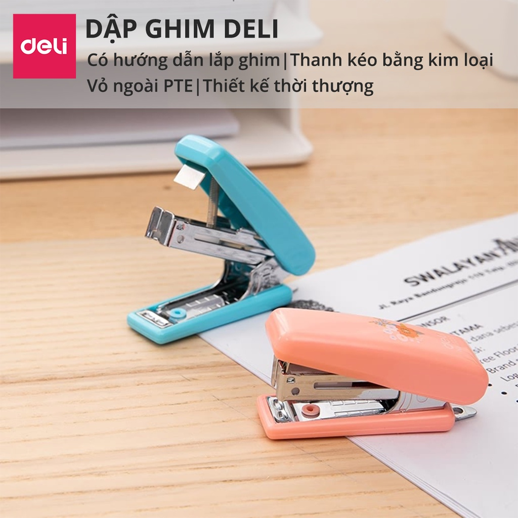  Dập ghim 10 Deli - Kèm 1000 ghim - Xanh, vàng, trắng, hồng - 1 cái E0254