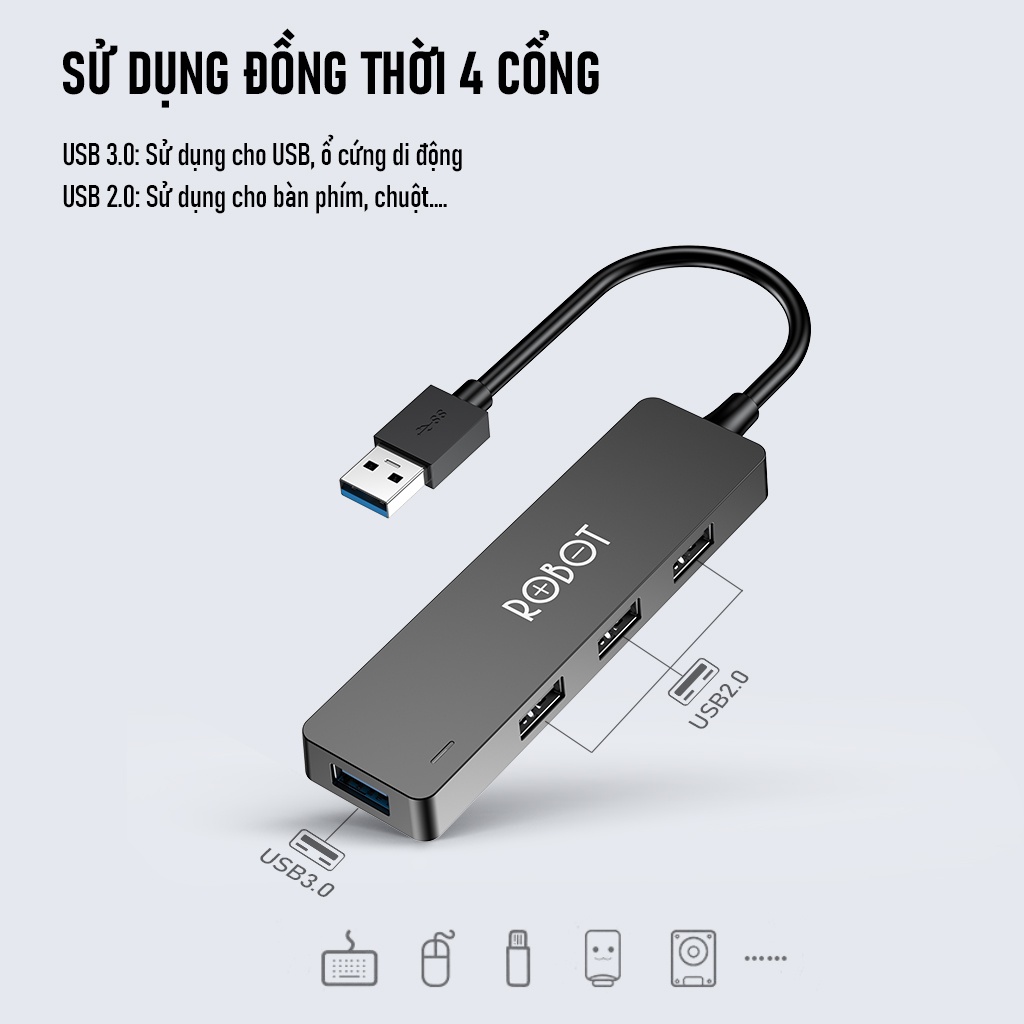 HUB Chuyển Đổi Chia Cổng USB ROBOT H160 3 Cổng USB 2.0 Và 1 Cổng USB 3.0 - Hàng chính hãng