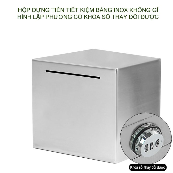 Hộp để tiền tiết kiệm trang bị khóa số thay đổi được, làm bằng inox 201, hình lập phương với nhiều kích cỡ tùy chọn