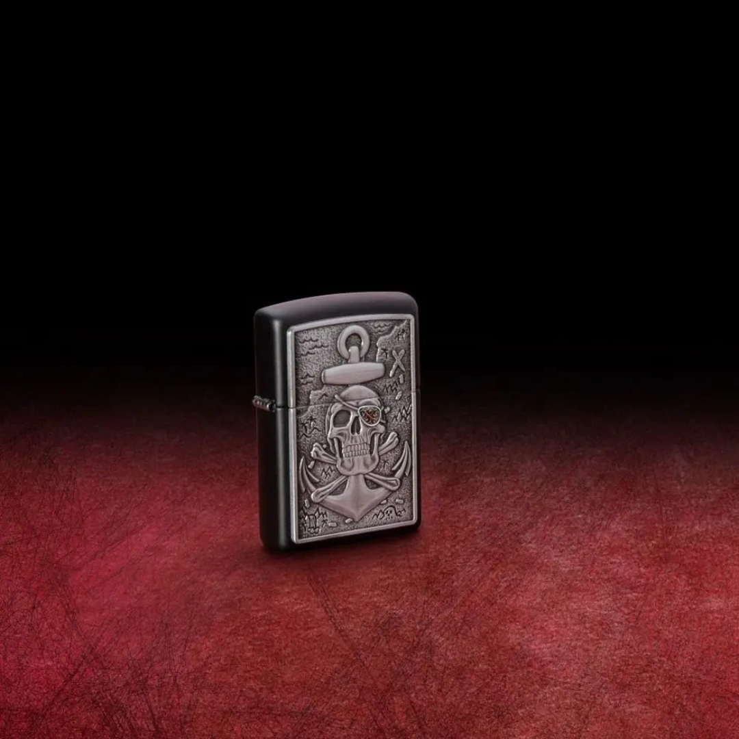 Bật Lửa Zippo In Hình Đầu Lâu Mỏ Neo Nổi Skull Anchor Emblem Design Chính Hãng Mỹ - Thiết Kế 3D Nổi, Sơn Đen Nhám, Chống Gió, Phong Cách Bụi Bặm