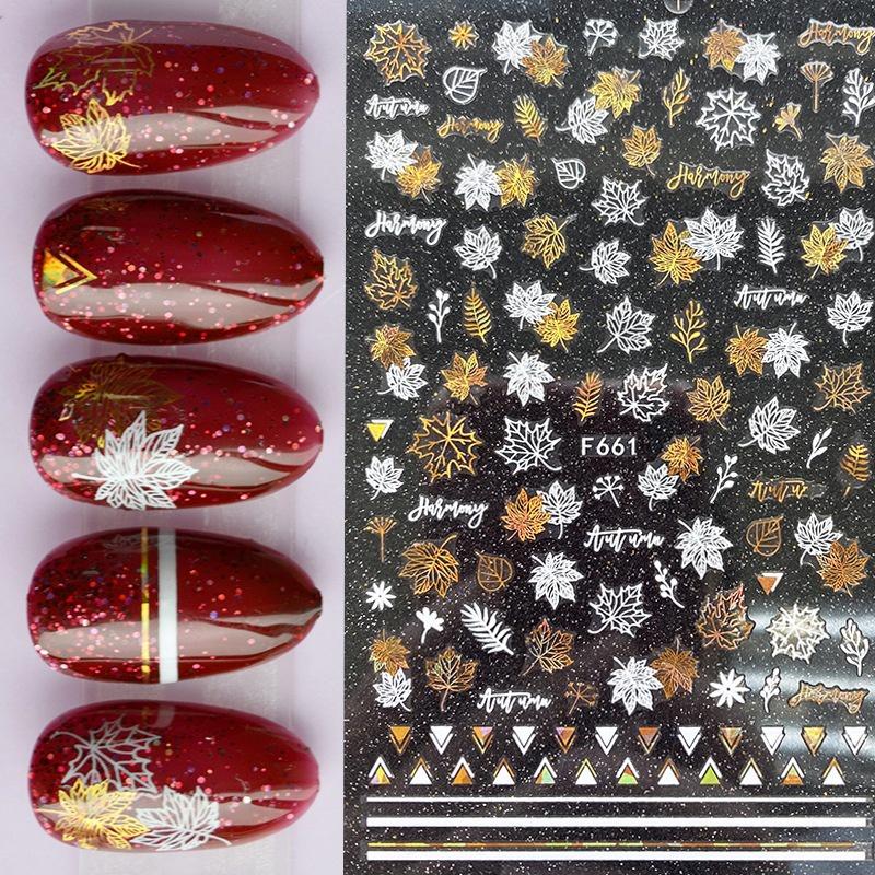 Miếng dán trang trí móng tay nghệ thuật hình bông tuyết hình học 3D màu vàng trắng dành cho dịp Giáng Sinh
