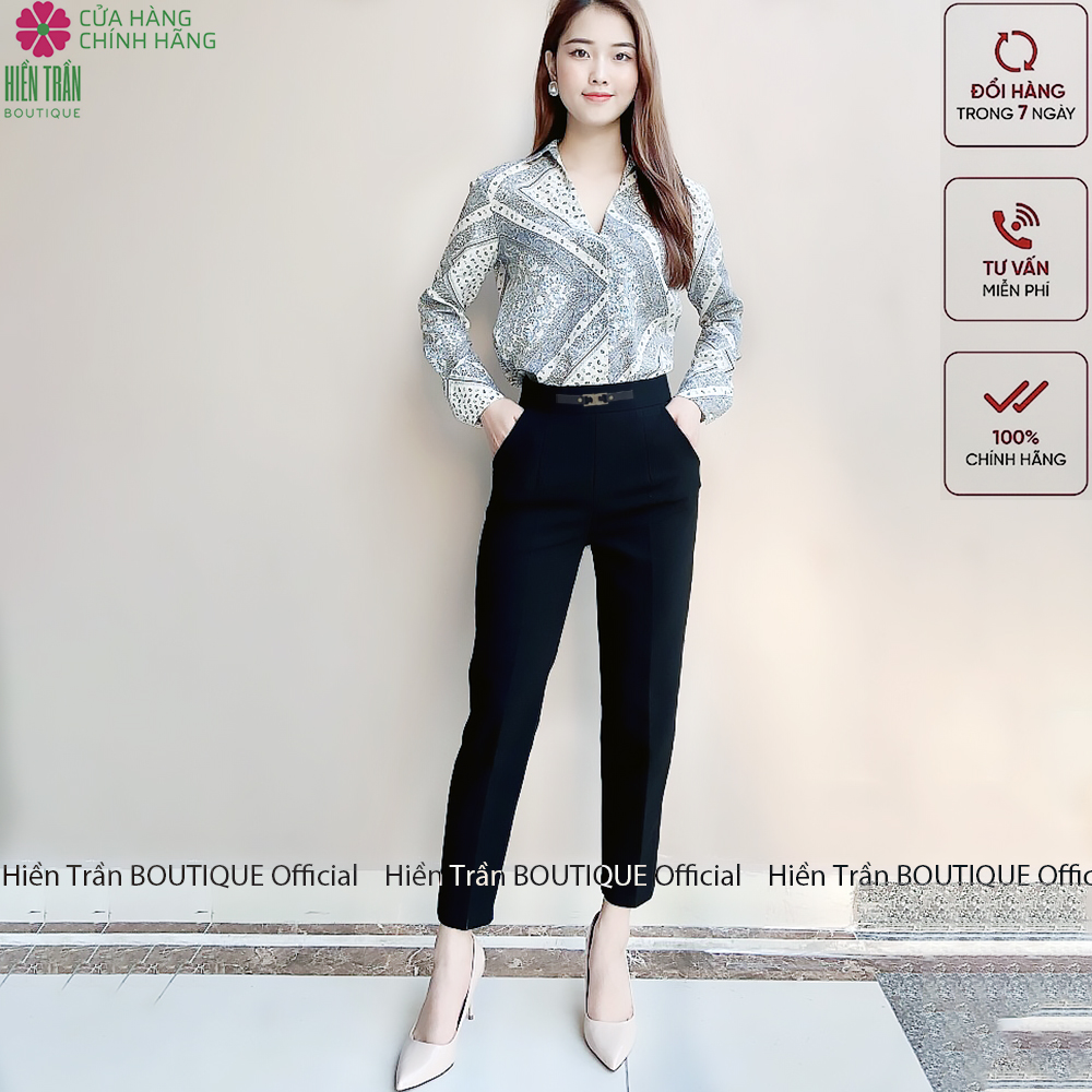 Quần baggy nữ phối khuyên dây da Hiền Trần BOUTIQUE chất liệu Umi co giãn cao cấp