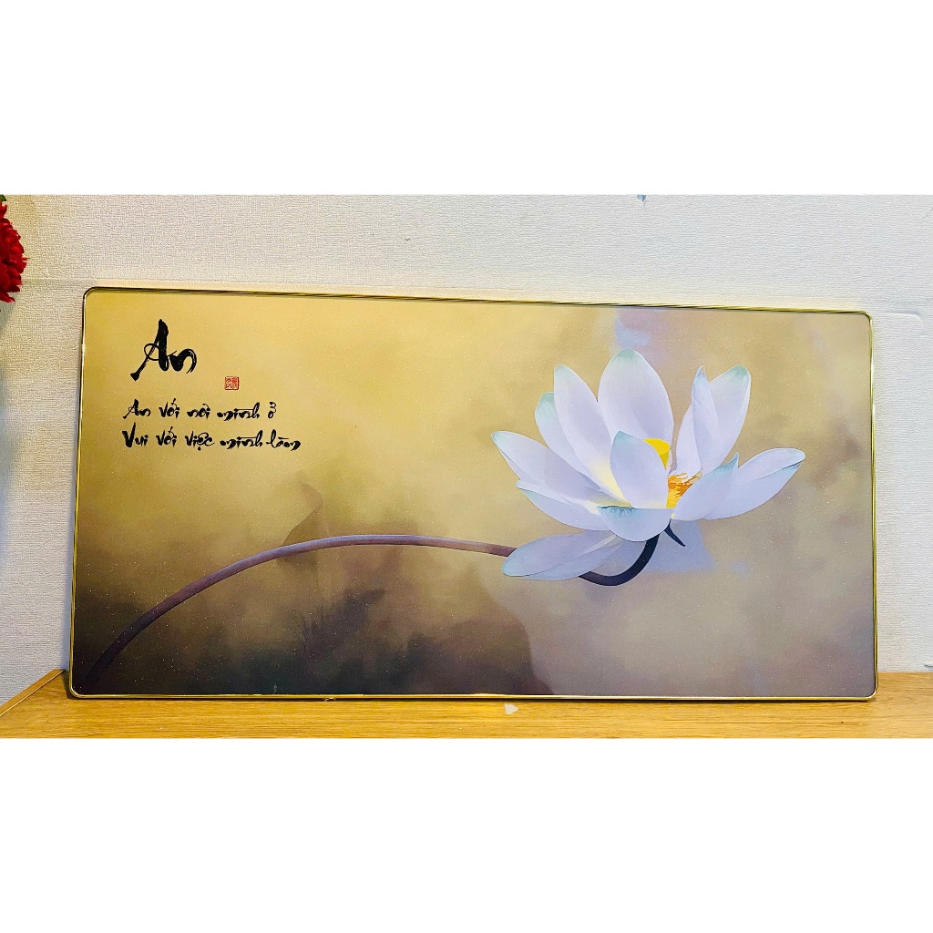 Tranh treo tường chữ an và hoa sen trắng trang trí phòng khách, phòng thờ kèm đinh treo