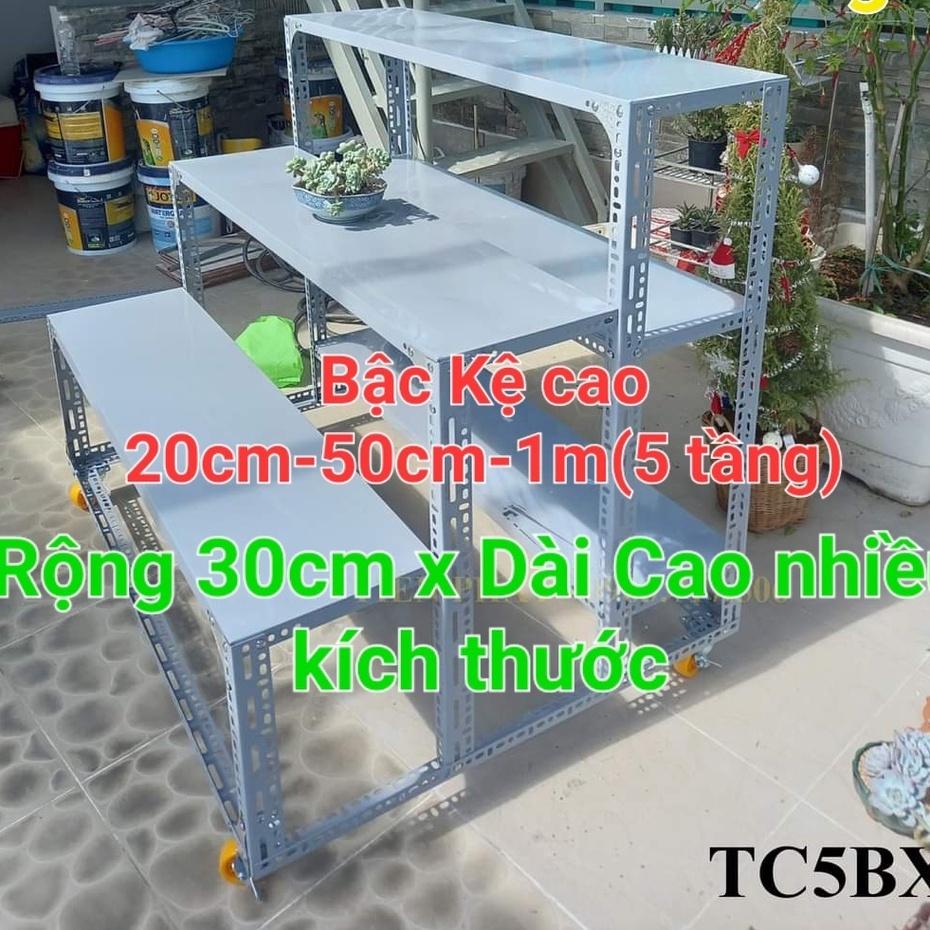 Kệ Sắt V Lỗ 3 Bậc 5 tầng mâm ,KỆ CÓ BÁNH XE ( RỘNG 30cm x Dài từ 60cm đến 150cm),Kệ Sắt mâm dùng sắt V3 và V4 Đa năng