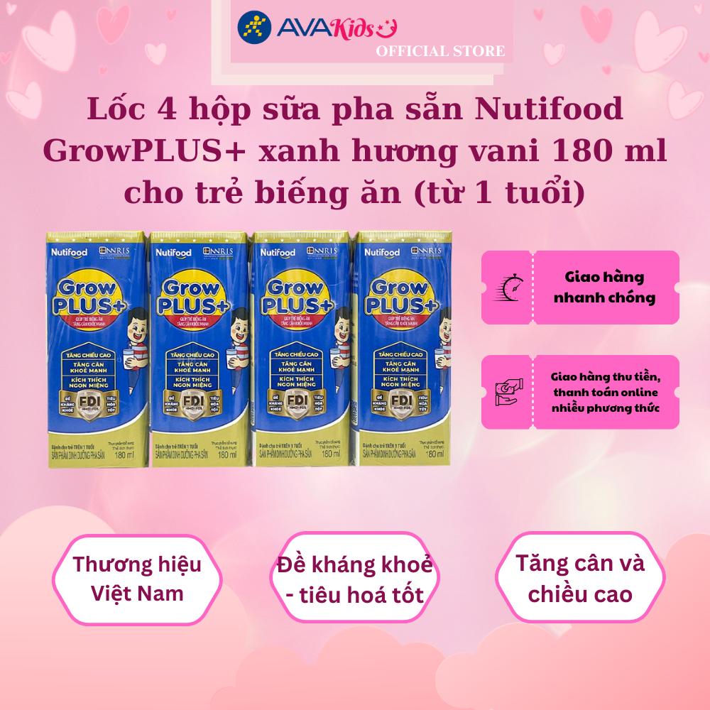 Lốc 4 hộp sữa pha sẵn Nutifood GrowPLUS+ xanh hương vani 180 ml cho trẻ biếng ăn (từ 1 tuổi)