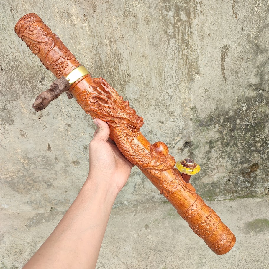 Điếu Cày gỗ hương dài nguyên khối đục rồng dài 60cm