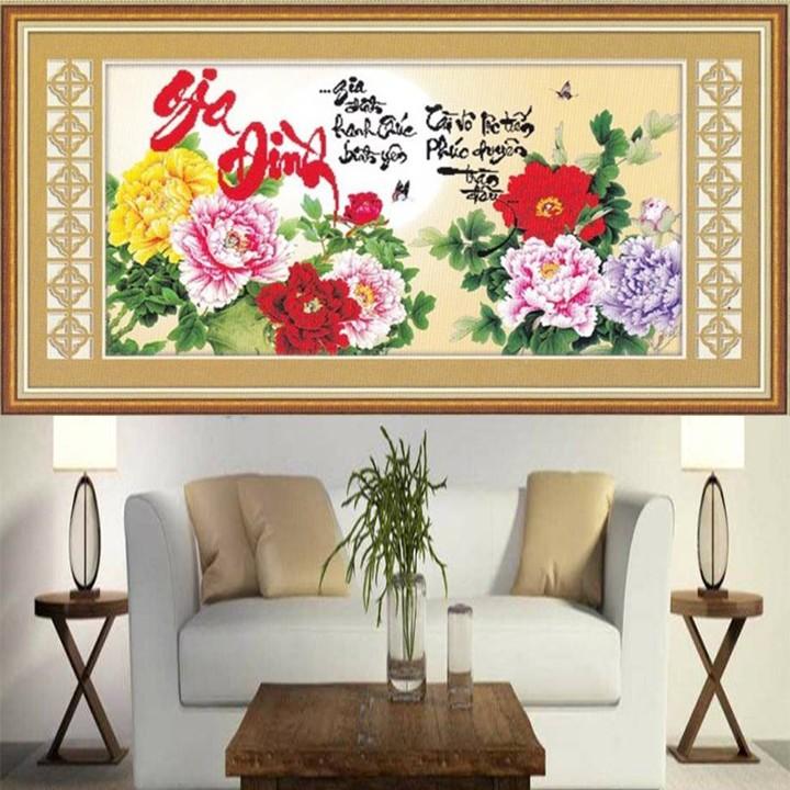 Tranh thêu gia đình hoa mẫu đơn 53482 - kích thước: 76 * 43cm.