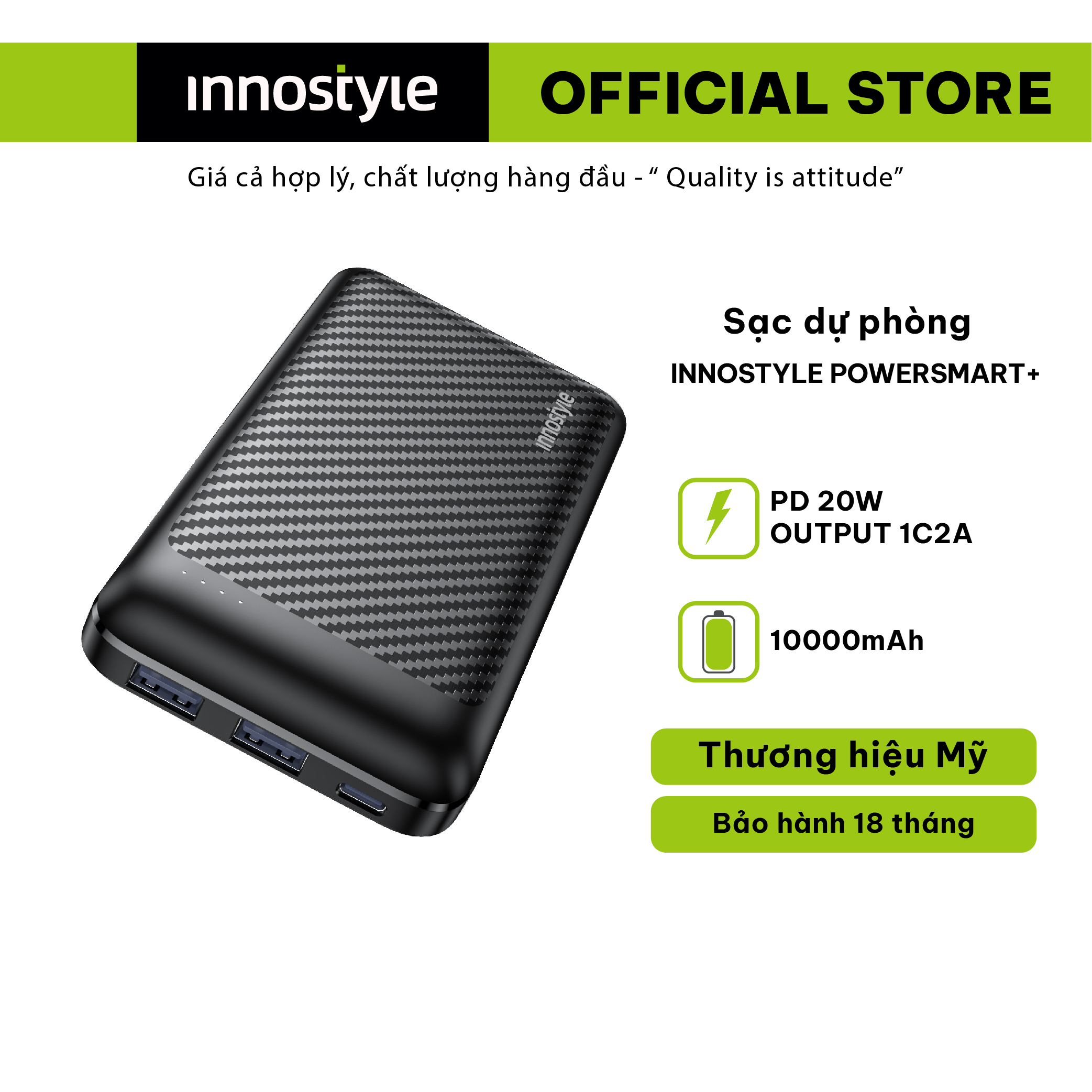 Pin sạc dự phòng Innostyle powersmart+ PD 20W 10000mAh output 1C2A - Công suất 20W, dung lượng cao, hàng chính hãng